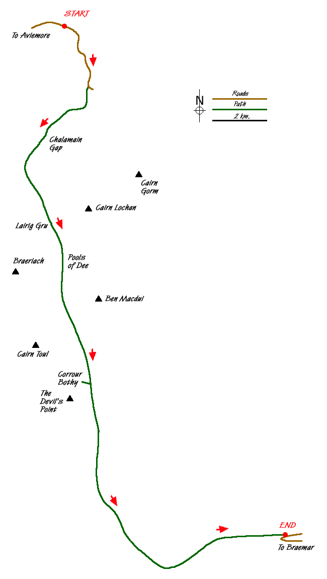 Route Map - Glenmore to Linn of Dee via Lairig Ghru & Corrour Walk