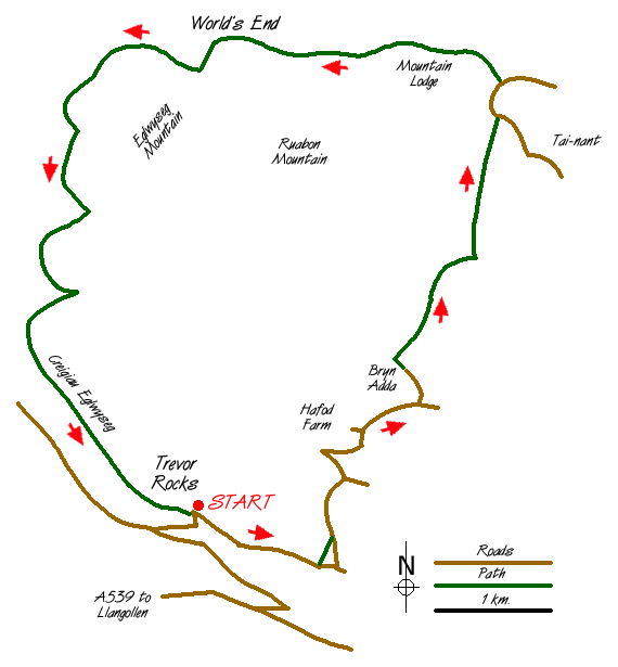 Route Map - Ruabon Mountain & The Limestone Edges of Llangollen Walk