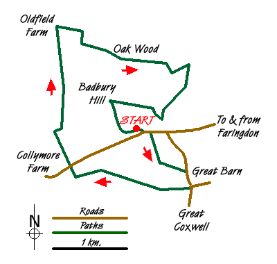 Route Map - Badbury Hill, including the Great Barn at Great Coxwell Walk