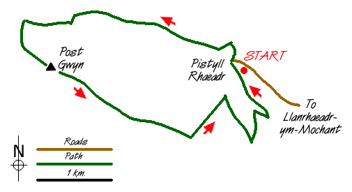 Route Map - Post Gwyn and Craig-y-Mwn from Pistyll Rhaeadr Walk