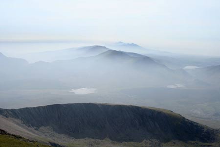 Looking south to the misty Moelwyns from Snowdon