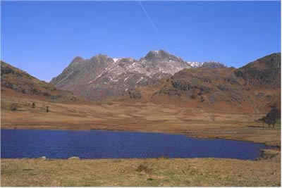 Blea Tarn with the Langdale Pikes forming a backdrop
