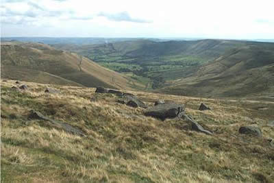 Wide valley of Edale from Pennine Way, Edale Rocks