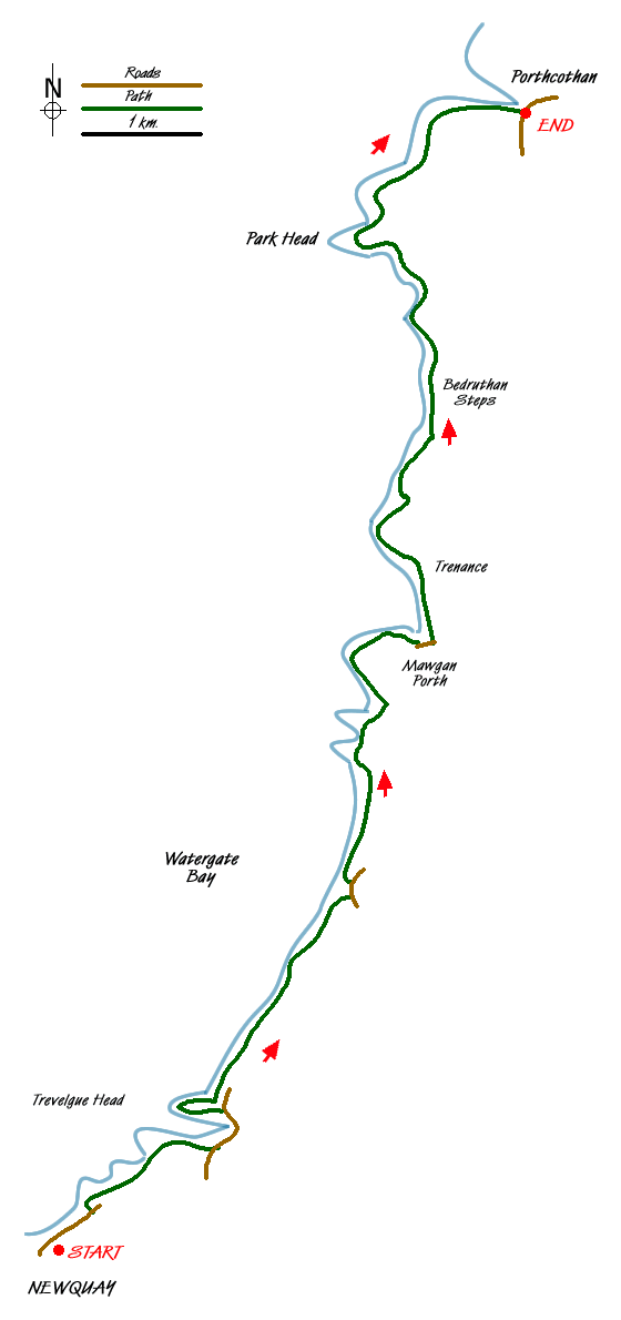 Route Map - Newquay to Porthcothan coast path Walk