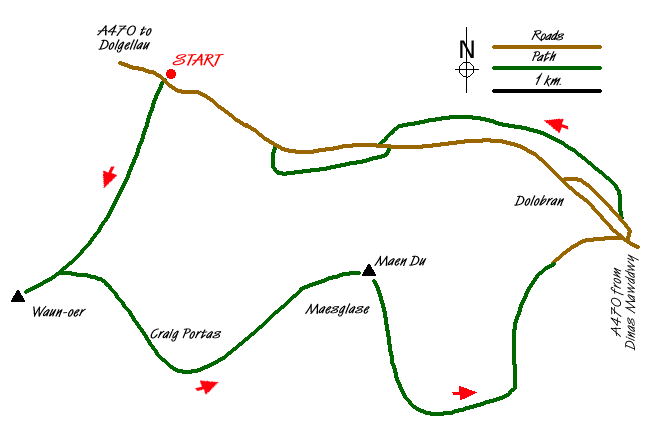 Route Map - Waun Oer and Maesglase near Dinas Mawddwy Walk