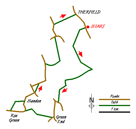 Route Map - Roe Green and Sandon from Therfield circular  Walk