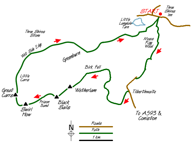 Route Map - Wetherlam and The Carrs Walk