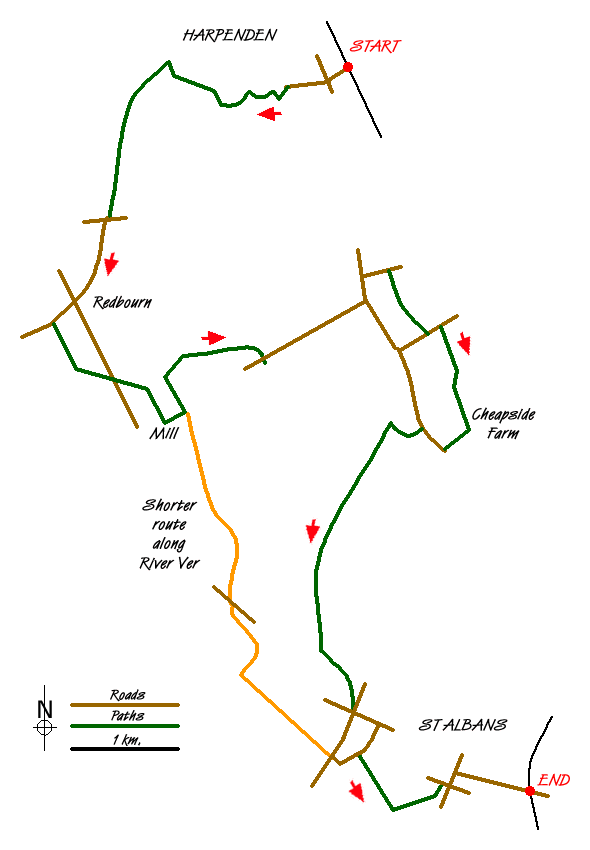 Route Map - St Albans via Redbournbury Watermill from Harpenden Walk