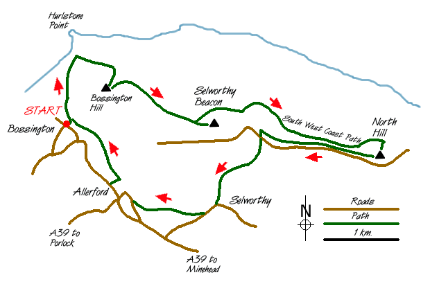 Route Map - Selworthy Beacon & North Hill from Bossington Walk