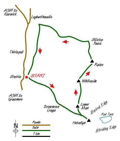 Route Map - Helvellyn & Raise from Swirls Walk