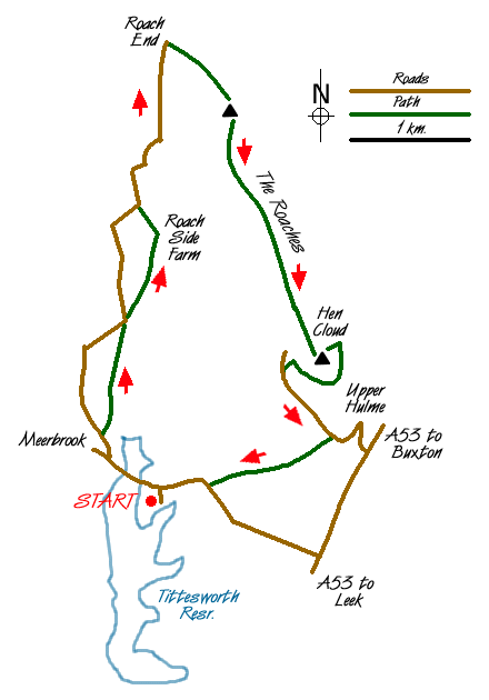 Route Map - Roaches & Hen Cloud from Tittesworth Reservoir Walk