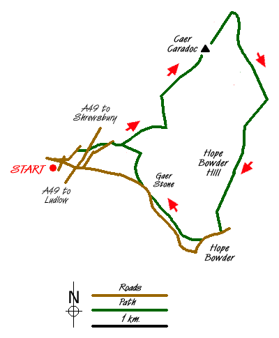 Route Map - Caer Caradoc & Hope Bowder Hill Walk