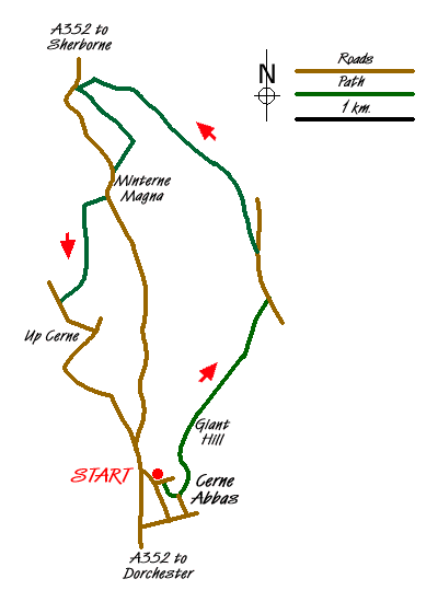 Route Map - Minterne Magna & the Cerne Giant from Kettle Bridge Walk