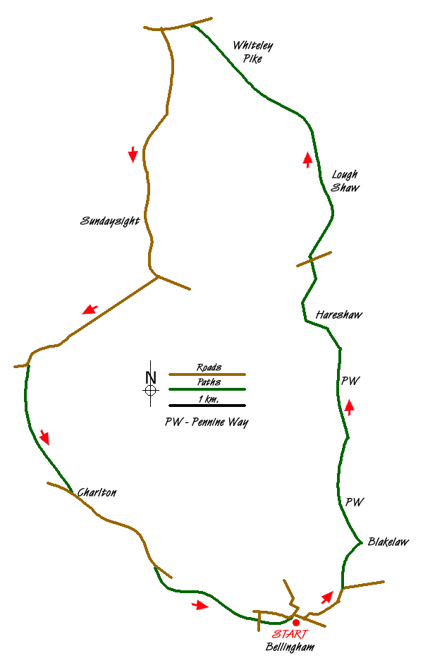 Route Map - Bellingham to Kiln Rigg by Pennine Way Circular Walk