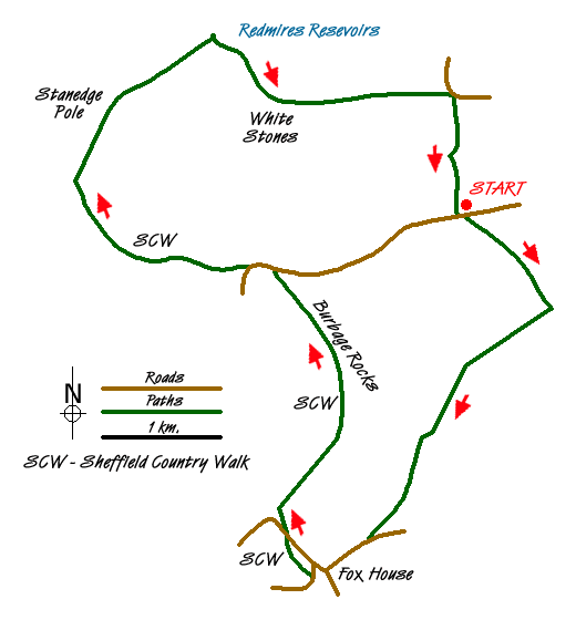 Route Map - Burbage Moor & Redmires from near Ringinglow Walk
