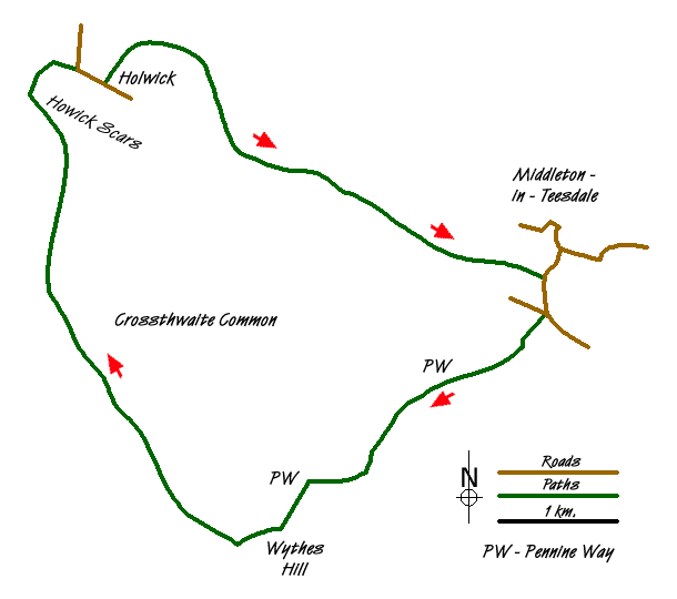 Route Map - Crossthwaite Common from Middleton-in-Teesdale Walk