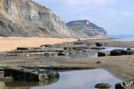 Charmouth beach at low tide looking to Golden Cap 
