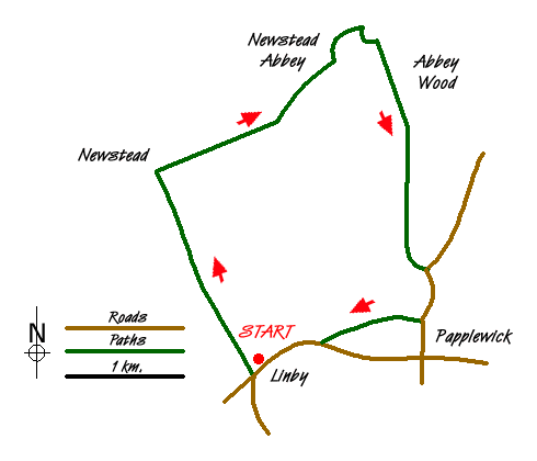 Route Map - Newstead Abbey from Linby Walk