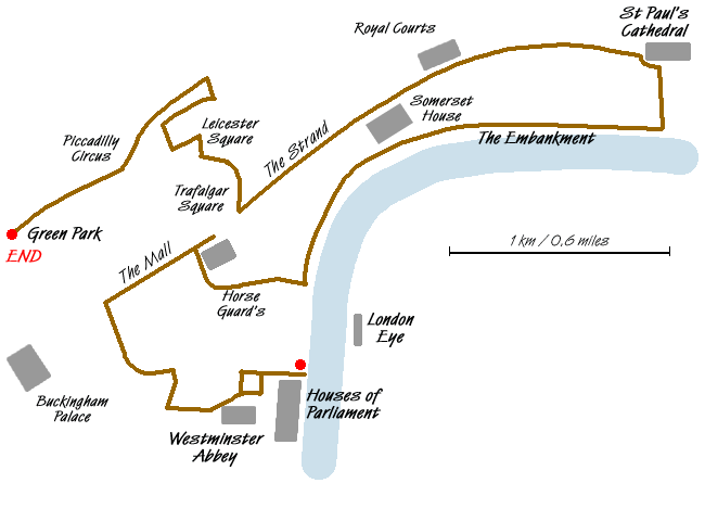 Route Map - Westminster to Green Park via St. Paul's Walk