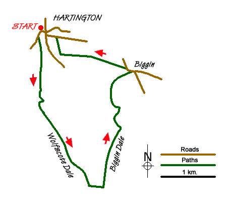 Route Map - Beresford, Wolfscote & Biggin Dales from Hartington
 Walk