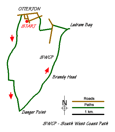 Route Map - Danger Point & Ladram Bay from Otterton
 Walk