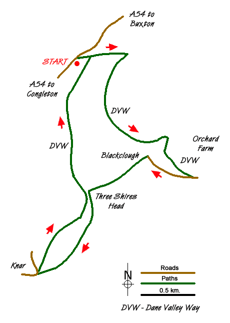 Route Map - Three Shires Head
 Walk