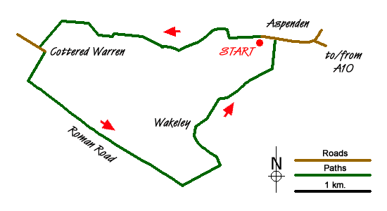 Route Map - Cottered Warren & Wakeley
 Walk
