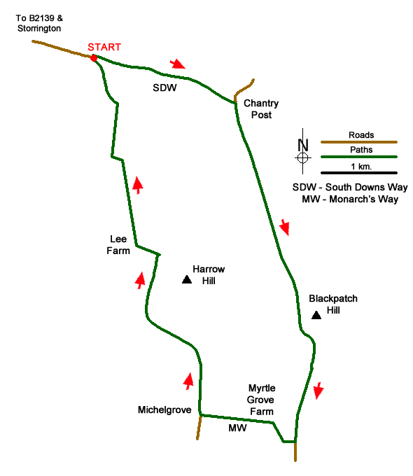 Route Map - Blackpatch Hill & Harrow Hill from near Storrington Walk