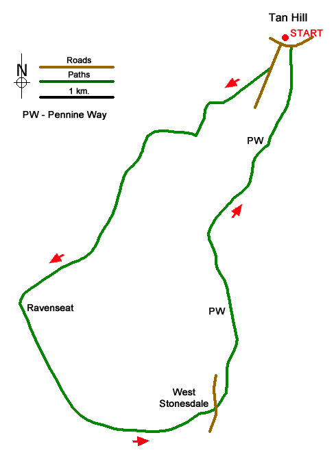 Route Map - Thomas Gill and Ravenseat from Tan Hill Walk