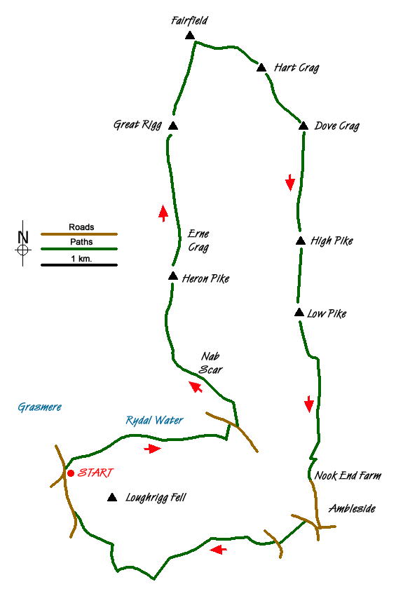 Route Map - Fairfield Horseshoe & Loughrigg from High Close
 Walk