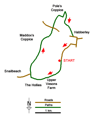 Route Map - The Hollies & Poles Coppice from near Habberley Walk