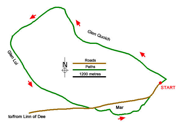 Route Map - Glen Quoich & Glen Lui (near Braemar) Walk