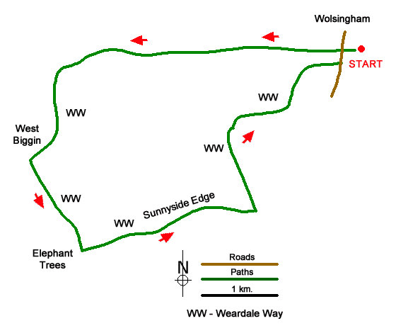 Route Map - Sunnyside Edge from Wolsingham Walk