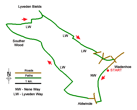 Route Map - Lyveden New Bield from Wadenhoe Walk