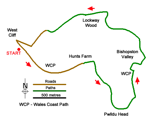 Route Map - Pwlldu Head & Bishopston Valley from Southgate Walk