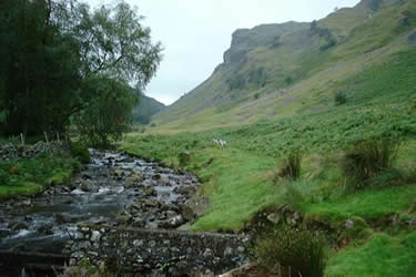 View from footbridge looking up Shoulthwaite Gill