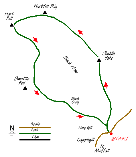 Route Map - Hart Fell via Saddle Yoke & the Black Hope Horseshoe Walk