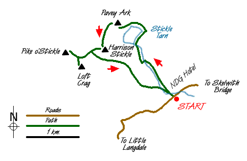 Route Map - The Langdale Pikes with an ascent of Jack's Rake Walk