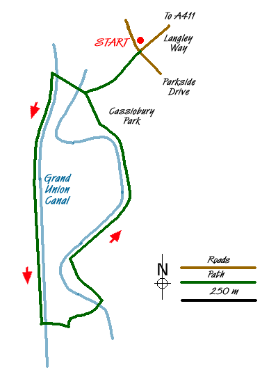Route Map - Cassiobury Park & Grand Union Canal, Watford Walk