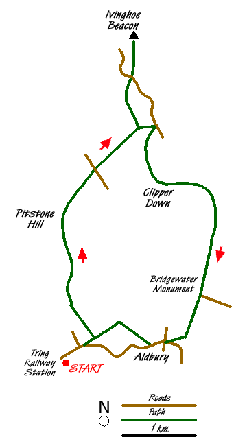 Route Map - Ivinghoe Beacon and Bridgewater Monument from Tring Walk