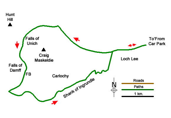 Route Map - Loch Lee & Falls of Unich Walk