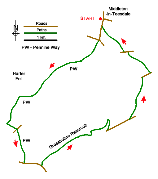Route Map - Grassholme Reservoir from Middleton-in-Teesdale Walk