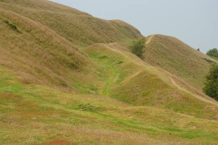 The extensive defensive ditches on the Herefordshire Beacon