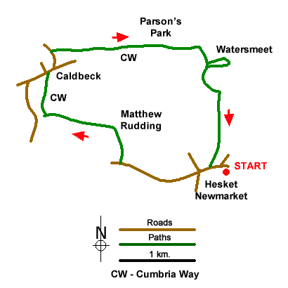 Route Map - Caldbeck & Watersmeet  from Hesket Newmarket
 Walk