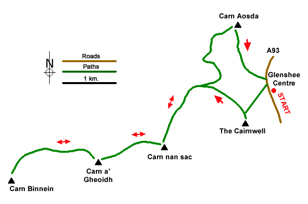 Route Map - The Cairnwell ridge from Glenshee Ski Centre Walk