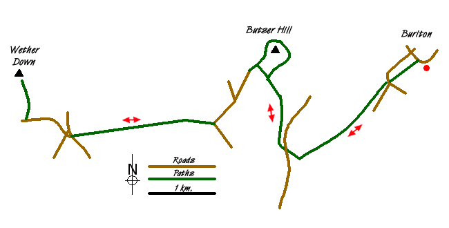 Route Map - Butser Hill and Wether Down from Buriton Walk