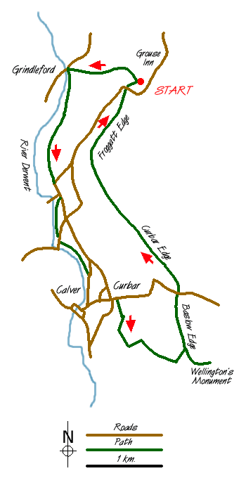 Route Map - The River Derwent, Curbar, Baslow & Froggatt Edges Walk