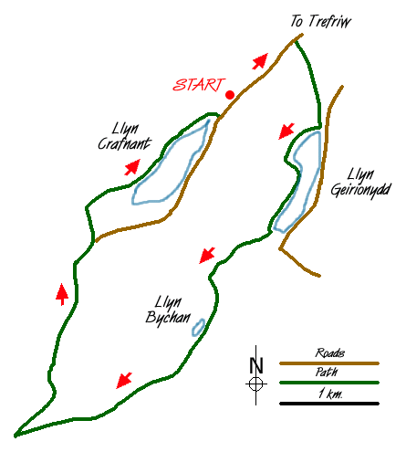 Route Map - Llyn Geirionydd & Llyn Bychan from Llyn Crafnant Walk