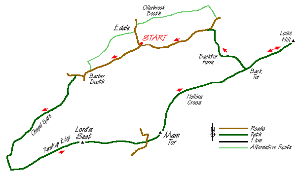 Route Map - Castleton Great Ridge from Edale Walk