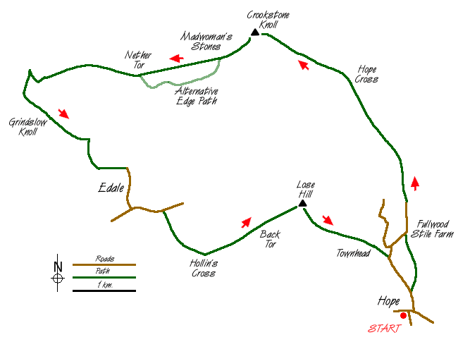 Route Map - Kinder Scout and Castleton Ridge from Hope Walk
